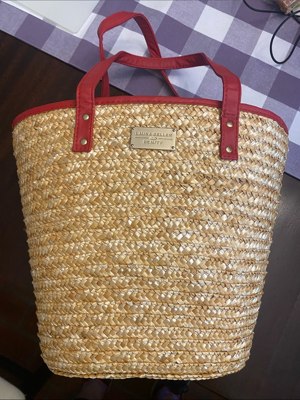 Laura Geller Natural Straw Tote with Red Trim